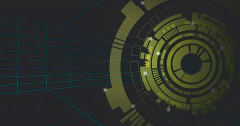 Projecting concentric circular HUD on right of virtual interface, with teal Illustrazione stock