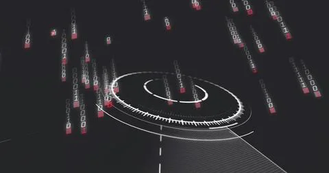 Projecting concentric HUD rings rotating above virtual grid panel, with falling Stock Photos