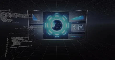 Projecting curved clear console showing central glowing hub data panels code  Stock Illustration