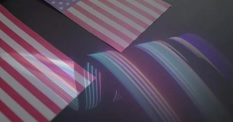 Projecting curved rainbow waves sweeping across studio desk, with prism and Stock Illustration