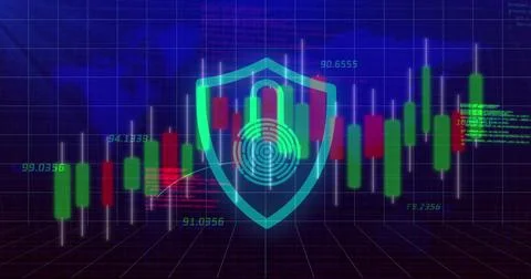 Projecting cyan shield icon hovering over virtual 3D grid, with candlestick bars Stock Photos
