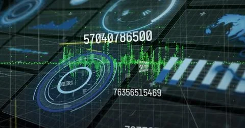 Projecting data interface in analytics hub, with 3D grid, radar charts and green Stock Illustration