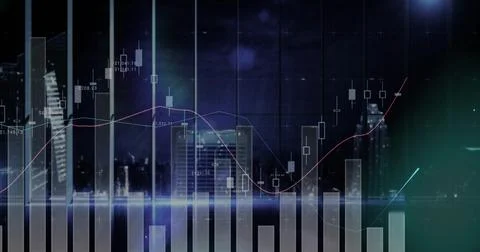 Projecting data overlay above nighttime city skyline, with bars, candlesticks, Stock Photos