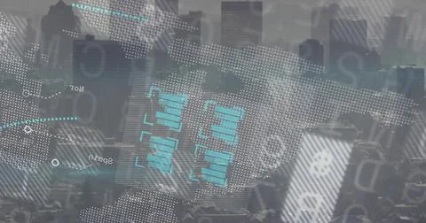 Projecting data overlay with halftone mesh across downtown skyline, showing cyan Foto stock