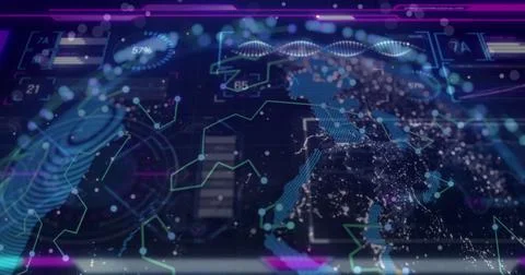 Projecting data overlays on central holographic globe in dashboard, with 스톡 일러스트