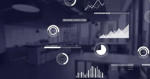 Projecting data overlays over open-plan office, covering conference table, desks Stock Photos