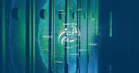 Projecting data rings and codes, hologram interface lighting server room racks Foto stock