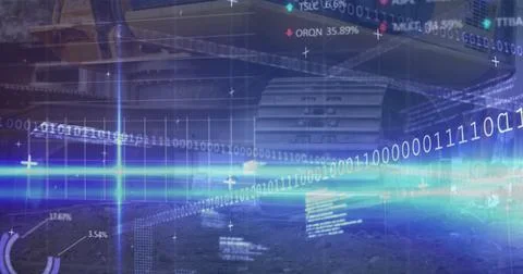 Projecting data stream flowing in urban street scene, with binary code, stock 스톡 사진
