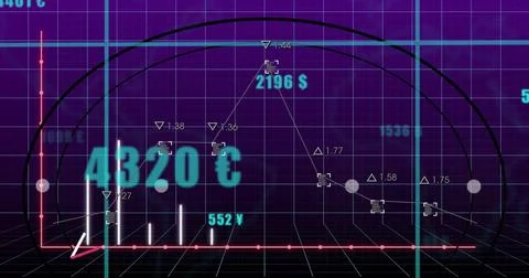 Projecting data visualization graph hovering over 3D grid plane with currency Stock Photos