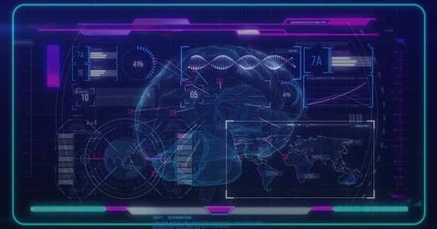 Projecting digital interface displaying 3D brain model at console, with DNA Stock Illustration