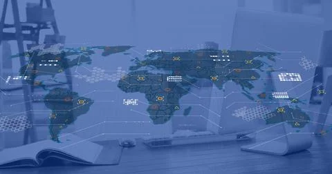 Projecting digital map hologram spanning desk in modern office, with notebook, Stock Photos