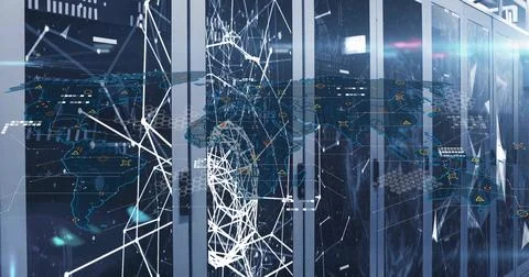 Projecting digital network overlay on server cabinets in data center aisle, with Stock Photos