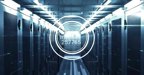 Projecting digital overlay displaying numeric readouts down data center Stock Illustration