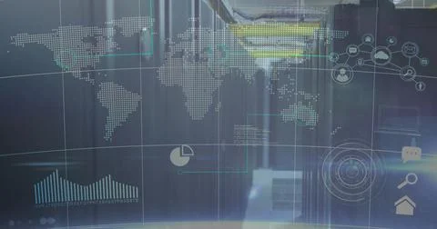 Projecting digital overlay over datacenter aisle, displaying map, charts, server Stock Photos