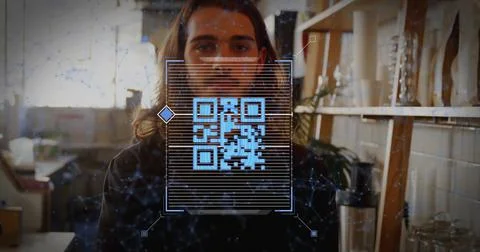 Projecting digital QR code overlay, bearded artisan crafting in maker studio, Stock Photos