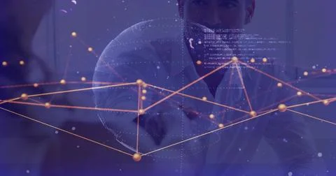 Projecting dotted globe 3D network with golden nodes and code in office, team 스톡 사진