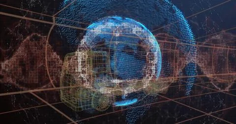 Projecting dotted holographic globe with wireframe vehicle cab rotating over 3D Stock Illustration