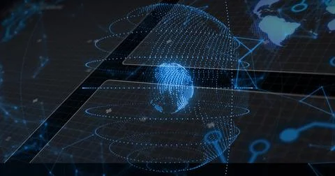 Projecting dotted point-cloud globe rotating with concentric rings in VR HUD, Foto stock