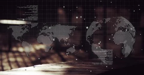 Projecting dotted world map and globe hovering over wooden tabletop, showing Ilustração Stock