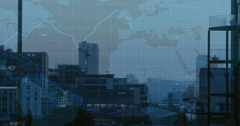 Projecting dotted world map and line charts over city skyline from office glass, Foto stock