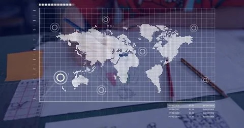 Projecting dotted world map overlay over desk, person in red top sketching with Stock Photos