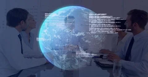 Projecting Earth hologram with code overlays above glass table, group in suits Stock-Fotos