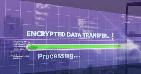 Projecting encrypted data transfer onto glass wall in workspace with progress 写真素材
