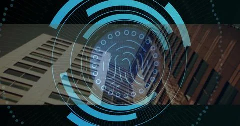 Projecting fingerprint interface displaying concentric rings and binary code 写真素材