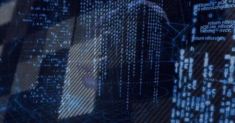 Projecting ghost figure in dark clothes merging with code and nodes over 3D grid Foto stock