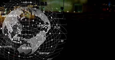 Projecting ghosted wireframe globe showing coordinates and node points in dim Stock Photos
