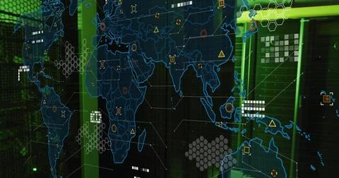 Projecting ghosted world map overlay centering in data center, with racks, hex Stock Illustration