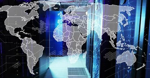 Projecting global map overlay linking server racks in server room aisle, LED Illustrazione stock