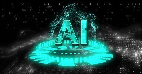 Projecting glowing AI letters hovering above platform in digital data Stockfoto's
