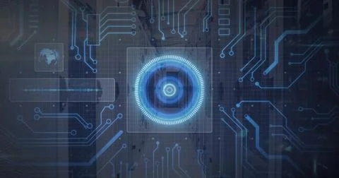 Projecting glowing blue concentric HUD target over city view, showing circuit Illustrazione stock