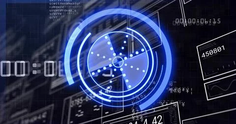 Projecting glowing blue HUD centering on control dashboard, showing rings, 스톡 일러스트