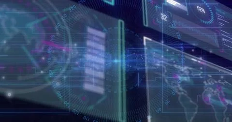 Projecting glowing column and radial HUD, streaming data lines across floating Illustrazione stock