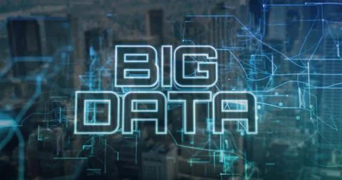 Projecting glowing cyan BIG DATA graphic above urban skyline, with holographic Fotos Stock