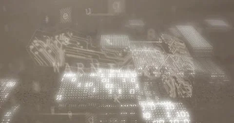 Projecting glowing panels hovering over sepia textured surface, with binary code イラスト素材