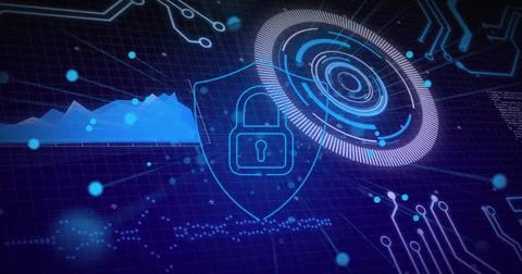 Projecting glowing shield outline securing virtual data grid interface, with Foto stock