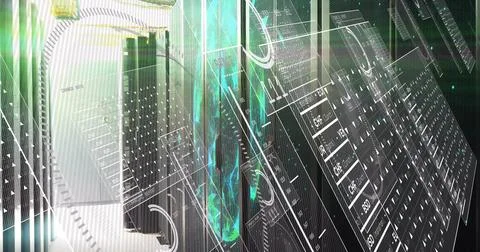 Projecting glowing teal data stream pillar at data center with black server Stock Illustration