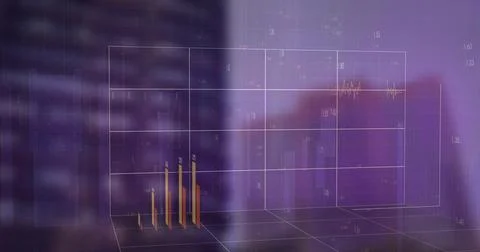 Projecting golden bars rising inside 3D grid box at left in office showing ax Stock Illustration