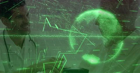 Projecting green 3D globe and charts over doctors wearing white coats in lab, 写真素材
