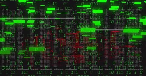 Projecting green binary digits over red wireframe cubes on grid backdrop, adding 스톡 사진