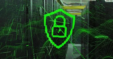 Projecting green holographic shield with padlock over data center aisle, Stock Illustration