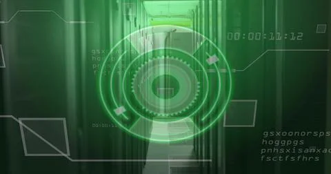 Projecting green HUD with digital code over data center corridor, with server Stock-Fotos