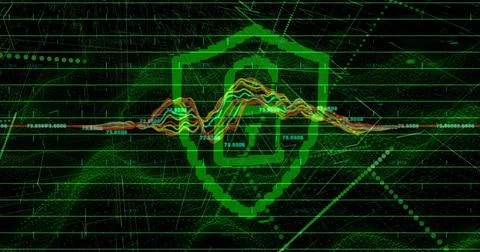 Projecting green shield icon showing padlock symbol and waveform in grid, with Stock Photos