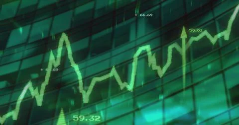 Projecting green trend line running across glass facade grid, showing numeric Ilustración de archivo