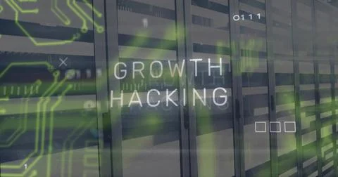 Projecting GROWTH HACKING text floating across server corridor, with racks and Illustrazione stock
