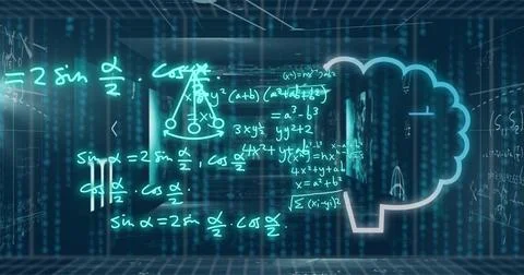 Projecting handwritten math formulas and neon brain hologram in futuristic lab Stock Photos