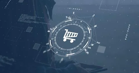 Projecting holo UI centering cart icon, blurred person wearing dark top holding Stock Photos